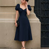 Cinched Waist Puff Sleeve Fit & Flare Midi Dress in Navy Blue On Model for Women | Littlebox India