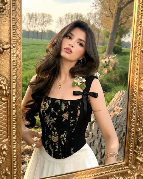 Classic Black Floral Jacquard Bow Strap Square Neck Crop Top On Model for Women | Littlebox India