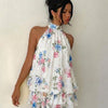 Classic White Floral Halter Tie Neck Layered Mini Dress Front View for Women | Littlebox India