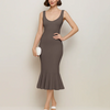 Brown Coca Sleeveless Fishtail Hem Bodycon Dress displayed on a mannequin, showcasing its elegant silhouette and fabric texture.
