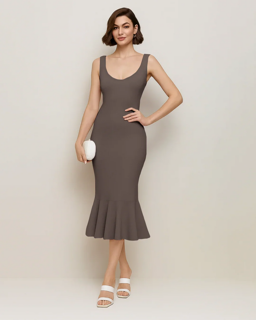 Brown Coca Sleeveless Fishtail Hem Bodycon Dress displayed on a mannequin, showcasing its elegant silhouette and fabric texture.