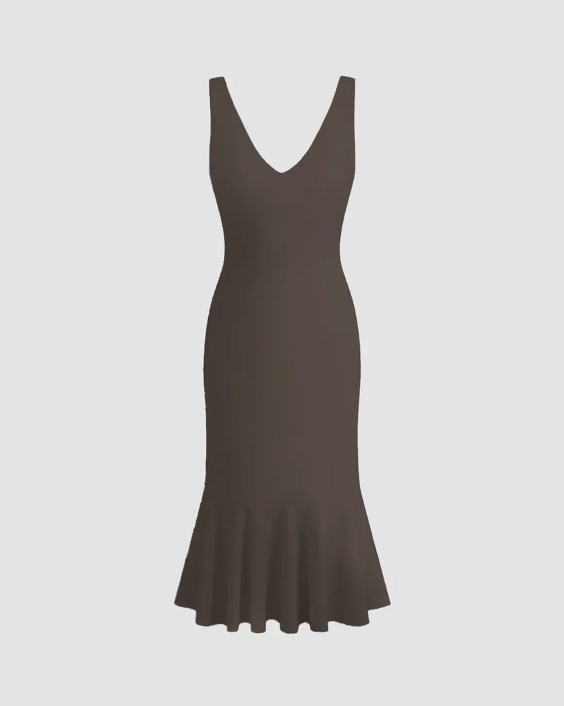 Brown Coca Sleeveless Fishtail Hem Bodycon Dress displayed on a mannequin, showcasing its elegant silhouette and fabric texture.