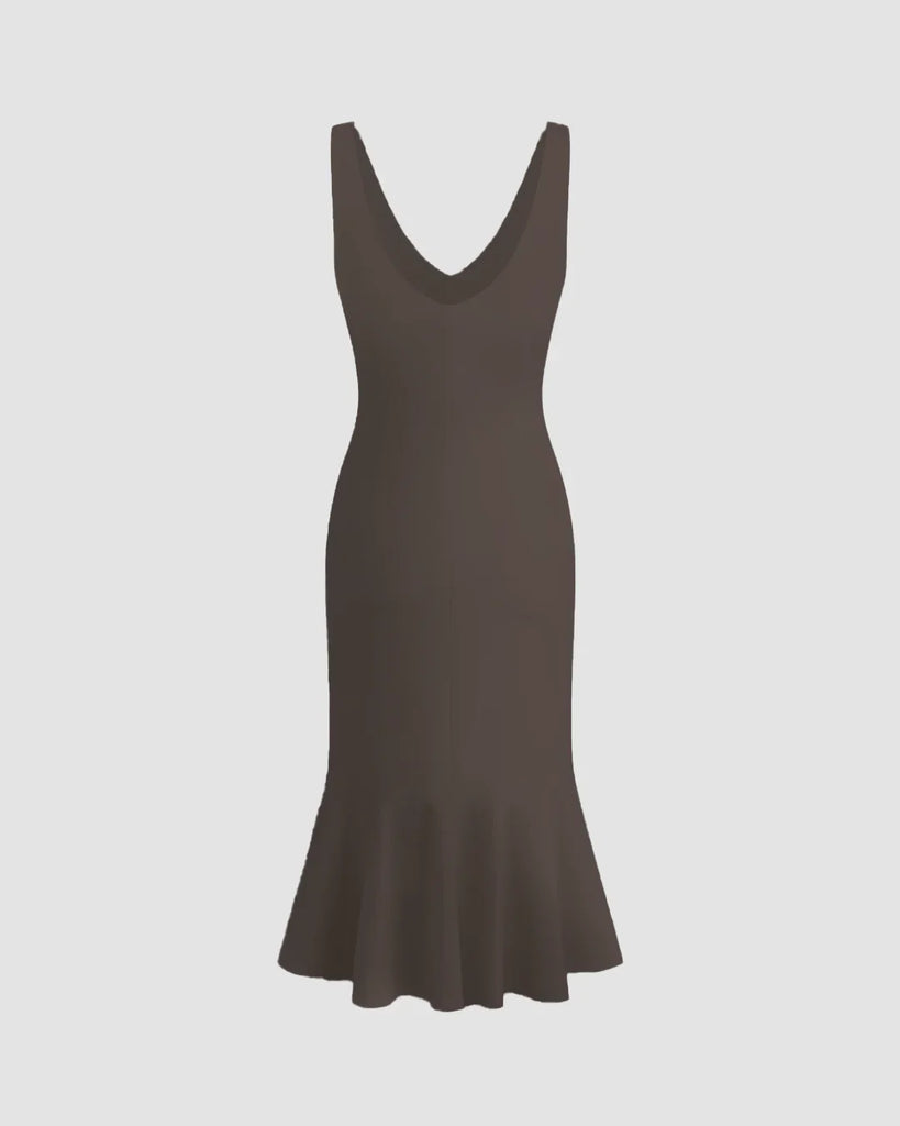 Back view of a Brown Coca Sleeveless Fishtail Hem Bodycon Dress displayed on a mannequin, showcasing its elegant silhouette and fabric texture.