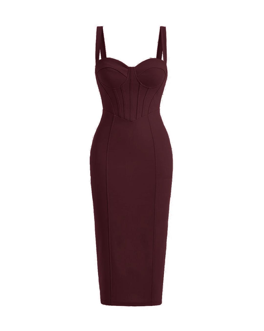 Cocktail Style Corset Detail Bodycon One Piece Dress In Maroon