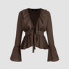 Coffee Ruffle Tie-Front Flare Sleeve Top Front View For Women | Littlebox India