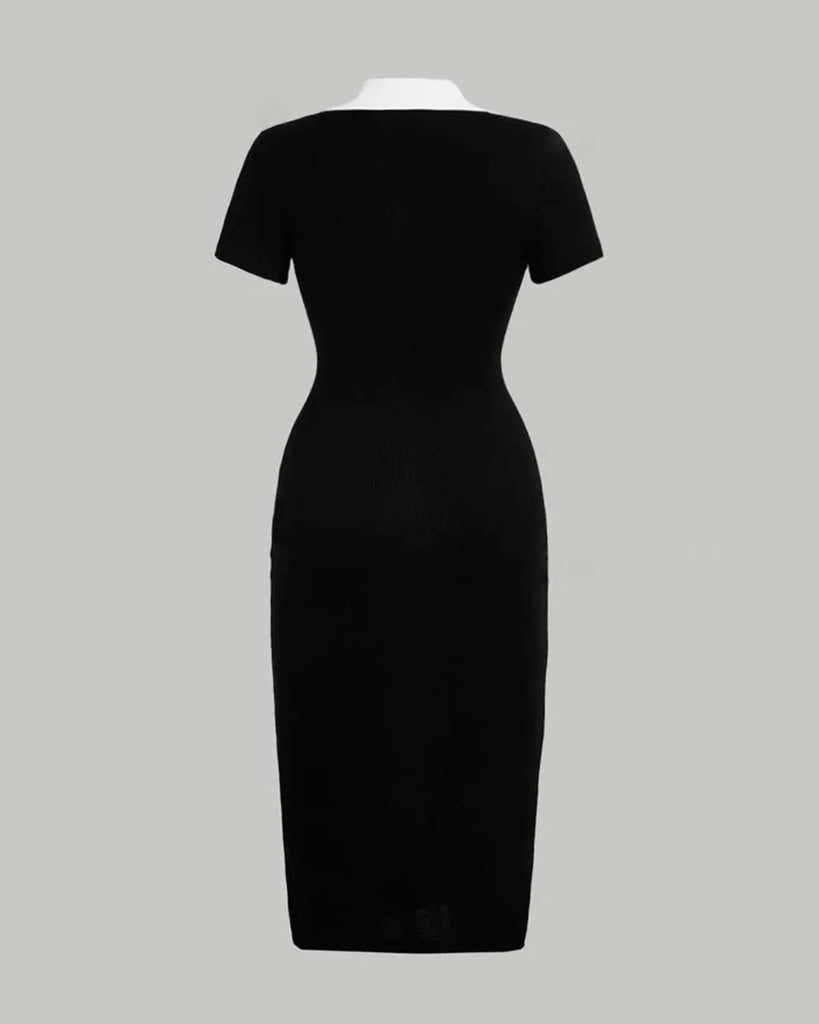 Contrast Collar Button Front Bodycon Dress In Black Contrast Collar Button Front Bodycon Dress In Black