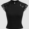 Front view of floral lace top in black with high neck, cap sleeves and sheer lace detail, elegant fitted style