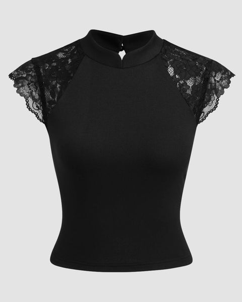 Collar Floral Lace Patched Short Sleeve Top In Black Front View for Women | Littlebox India