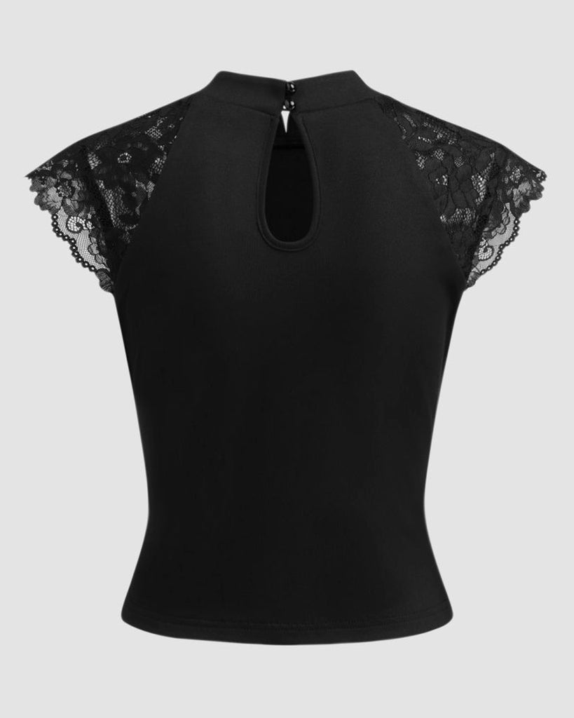 Black Floral Lace Collar Short Sleeve Top - Littlebox India