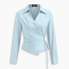 Collar Full Sleeve Wrap Tie Side Shirt in Sky Blue Front View for Women | Littlebox India