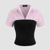 Collar Two Tone Patchy Short Sleeve Shirt In Baby Pink Front View For Women | Littlebox India