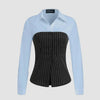 Blue long-sleeve top with ruffled sleeves and a two-tone striped collar, featuring button details.