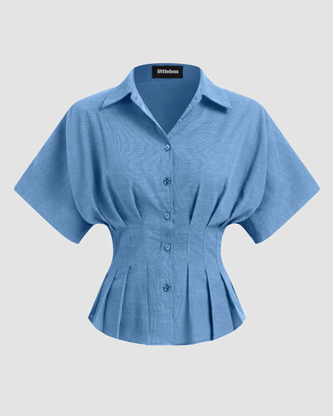 Collar V-neck Pleated Short Sleeve Shirt in Light Blue Front View for Women | Littlebox India