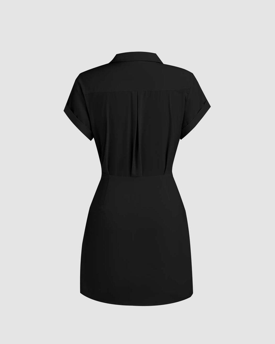 Short Sleeve Black Dress With White Collar Collar Wrap Buckle