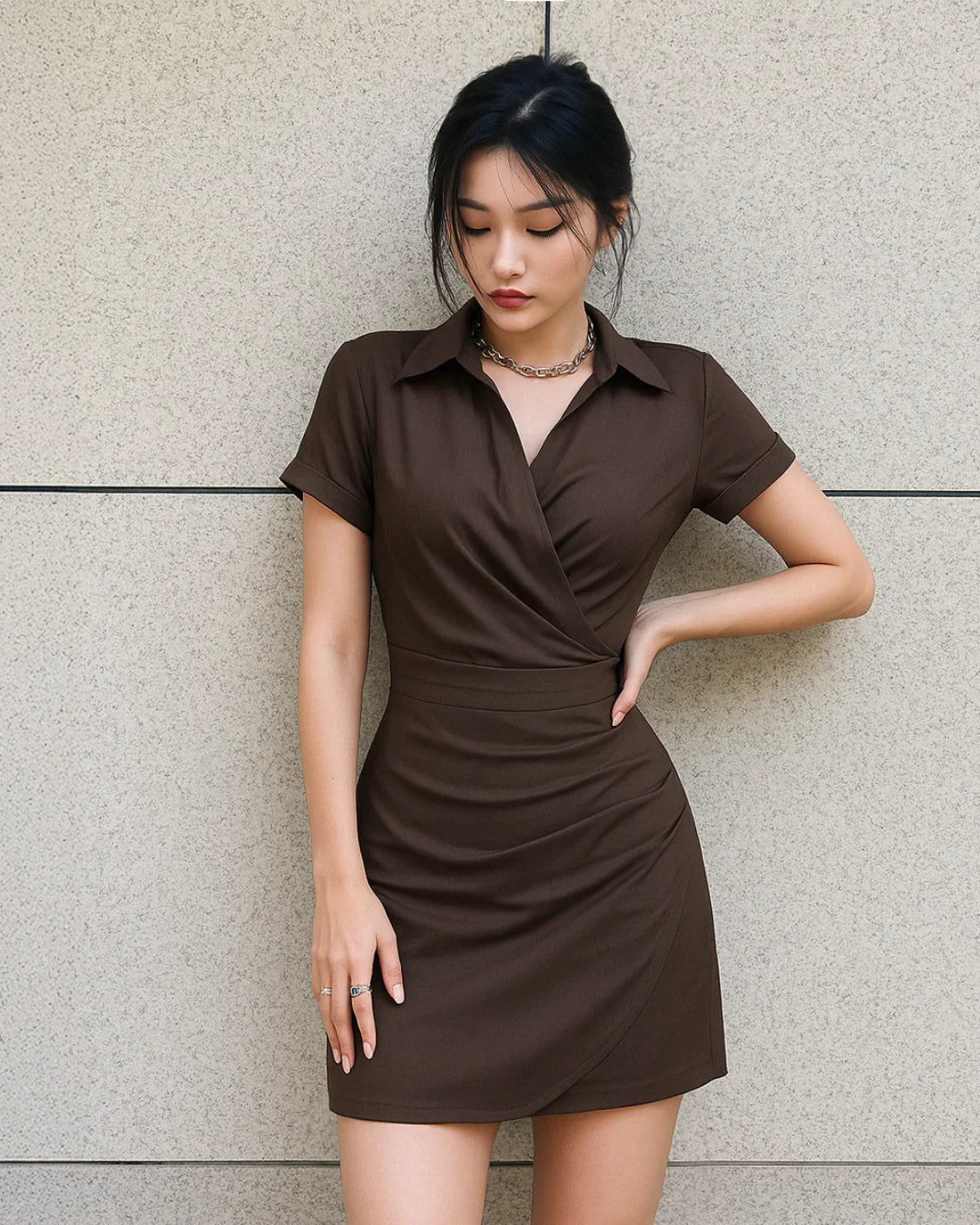 Collar Wrap Buckle Dark Brown Mini Dress - Littlebox India Collar Wrap Buckle Dark Brown Mini Dress - Littlebox India