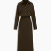 Collared Button-Down Pinstripe Long Sleeve Midi Dress in Cocoa Brown Front View for Women | Littlebox India