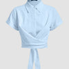 Collared Cross Hem Solid Short Sleeve Back Bow Shirt in Light Blue Front View for Women | Littlebox India
