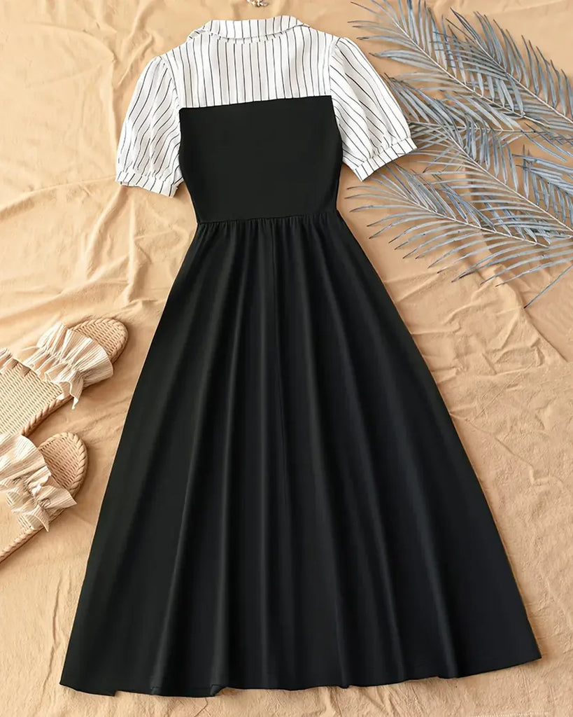 black midi dress with white collar Black Contrast Collar Flared Midi Dress