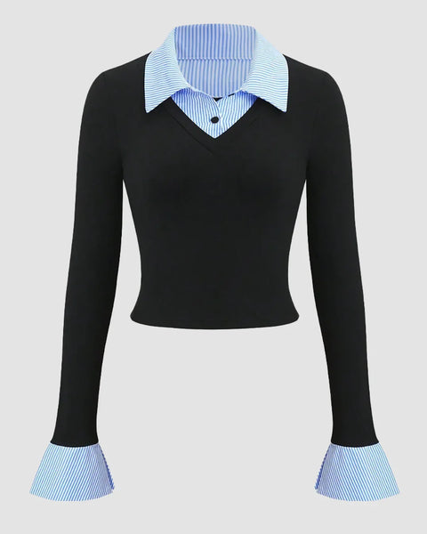 Front view of knitted top full sleeves with layered shirt collar design, fitted silhouette and flared cuffs for a chic look.