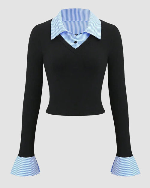 Front view of knitted top full sleeves with layered shirt collar design, fitted silhouette and flared cuffs for a chic look.