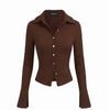 Collared Neck Metal Detail Split Top in Brown Front View for Women | Littlebox India