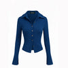 Collared Neck Metal Detail Split Top in Royal Blue Front View for Women | Littlebox India