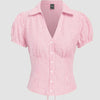 Front view of Stylish collared top with short sleeves and button front, designed for a flattering fit and easy casual styling.