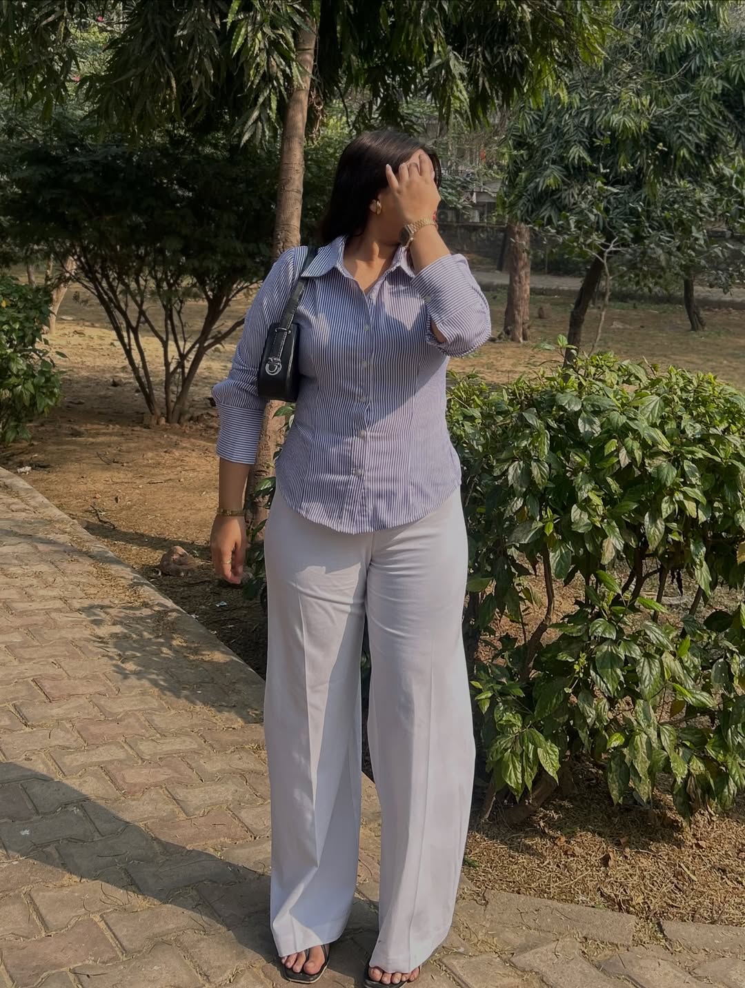 Customer photo 2 of Collared Neck Slim Fit Lace-Up Back Full Sleeve Top in Blue