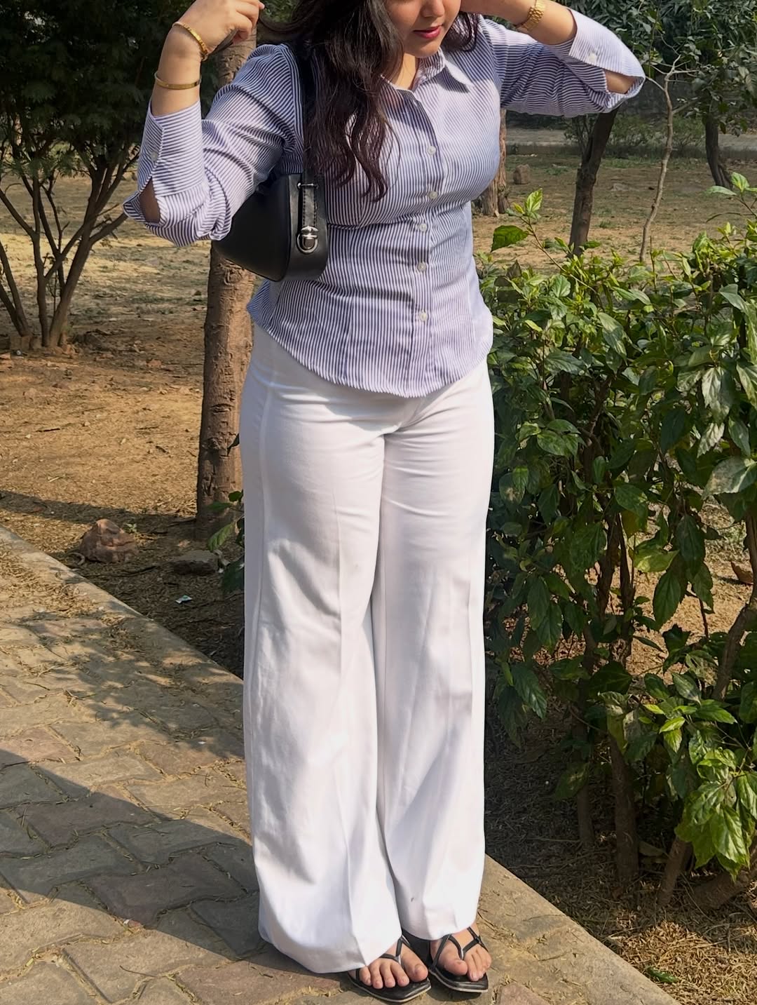 Customer photo 1 of Collared Neck Slim Fit Lace-Up Back Full Sleeve Top in Blue