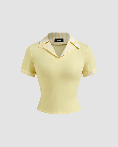 Collared Neck Stretch Short Sleeve Polo T Shirt in Yellow Front View for Women | Littlebox India