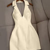 Collared Sleeveless V-Neck Fitted Mini Dress in Beige Front View for Women | Littlebox India