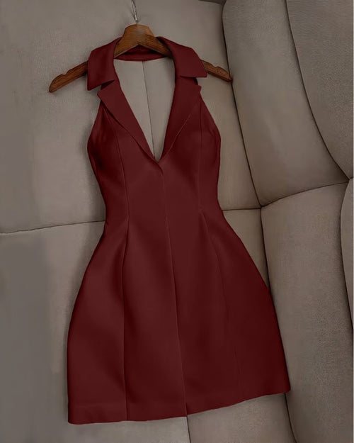Front view of short maroon dress with sleeveless collared v neck, fitted bodice and mini length silhouette for a sleek look.