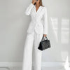 Collared Slim Fit A-Line Hem Striped Long Sleeve Blazer and Trouser Suit Set in White Front View for Women | Littlebox India