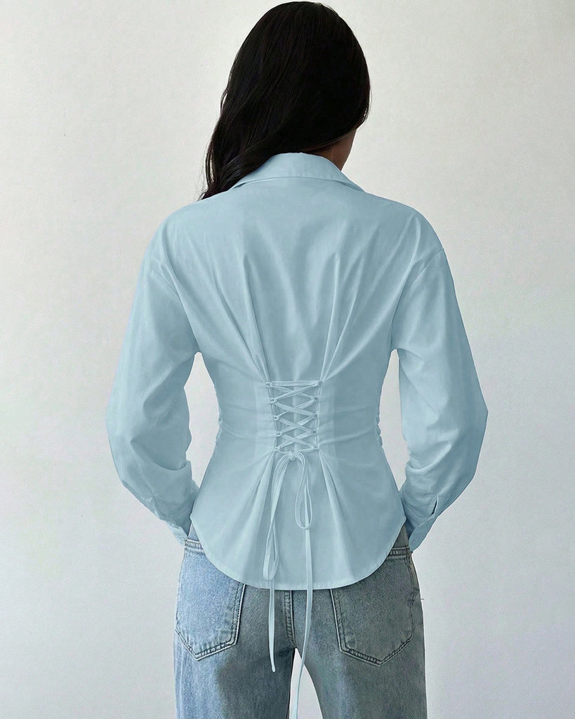 Collared V-Neck Ribbed Fitted Button-Front Top in Light Blue- Littlebox ...