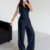 Collared V-Neck Sleeveless Vest Top And Wide Leg Pants Set in Navy Blue Front View for Women | Littlebox India