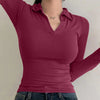 Collared V-Neck Slim Fit Solid Full Sleeve Crop Top in Maroon Front View for Women | Littlebox India