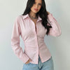 Front view of Pink striped collared V-neck shirt with slim fit and full sleeves, tailored silhouette with clean finish
