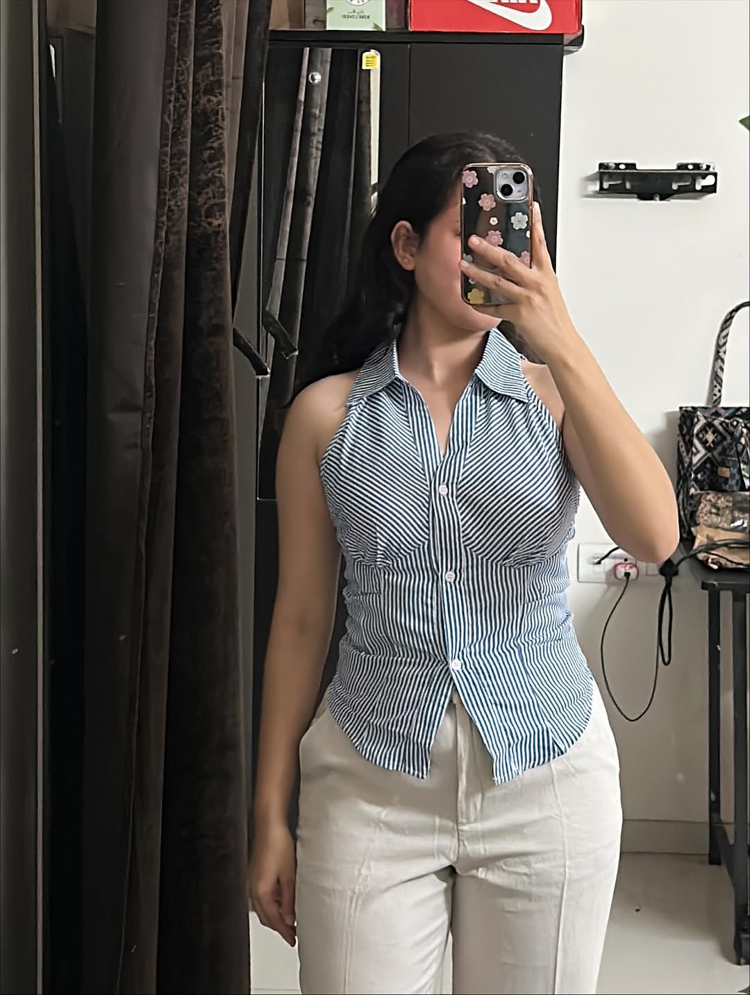 Customer photo 1 of Collared V Neck Striped Sleeveless Top in Blue and White