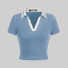 Color Block Knitted Tight-fitting Blue T-shirt With Contrast Collar Front View For Women | Littlebox India