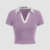 Color Block Knitted Tight-fitting Lilac T-shirt With Contrast Collar Front View For Women | Littlebox India