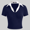 Color Block Knitted Tight-fitting Navy Blue T-shirt With Contrast Collar Front View For Women | Littlebox India