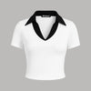 Color Block Knitted Tight-fitting White T-shirt With Contrast Collar Front View For Women | Littlebox India