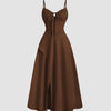 Color High Split Casual Spaghetti Strap Midi Dress In English Brown Front View for Women | Littlebox India