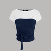 Colorblock Ruched Waist Tie Top in White & Navy Blue Front View for Women | Littlebox India