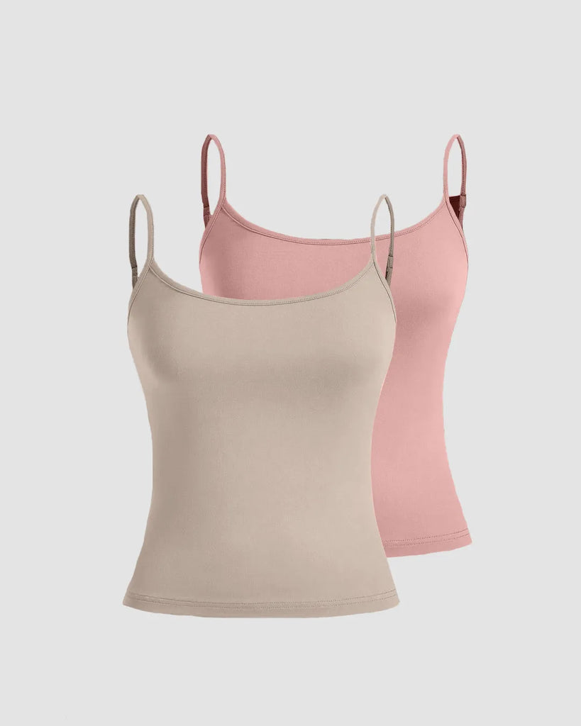 Ribbed cami tops in rose and beige, featuring soft stretch and a flattering fit for easy layering and stylish looks