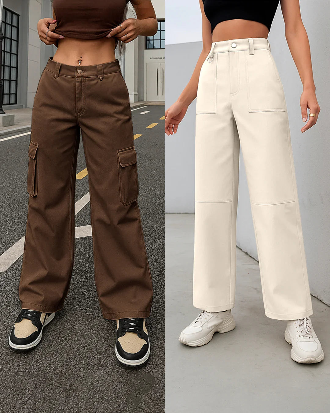 Combo : Y2K Baggy Fit Women Cargo In Brown & Off White