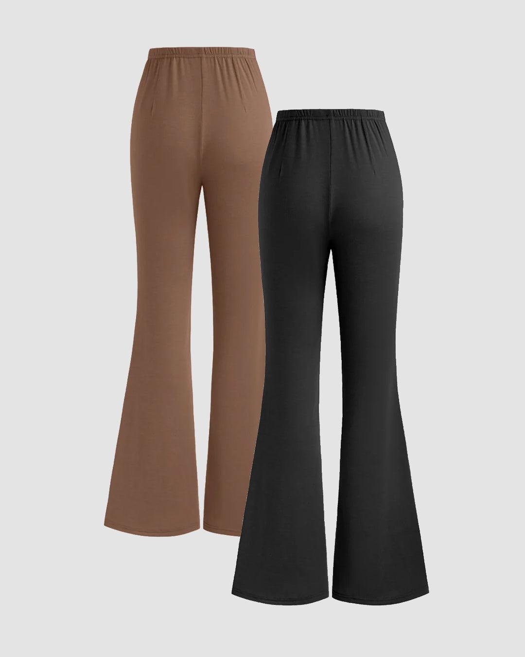 Combo of Two High-Rise Flared Trousers In Black and Brown