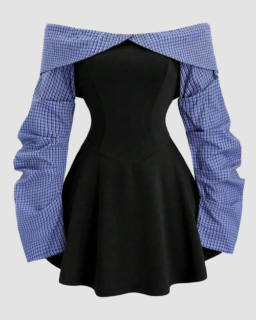Front view of Black off-shoulder mini dress with structured bodice, flared skirt, and blue check long sleeves, shown front and back.
