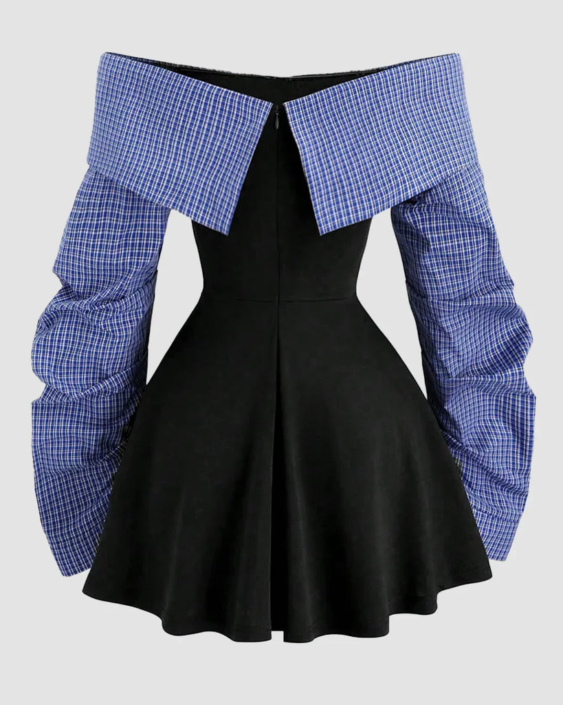 Contrast Off Shoulder Flared Hem Mini Dress - Littlebox India