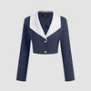Contrast Collar Cropped Blazer in Navy Blue & White Front View For Women | Littlebox India